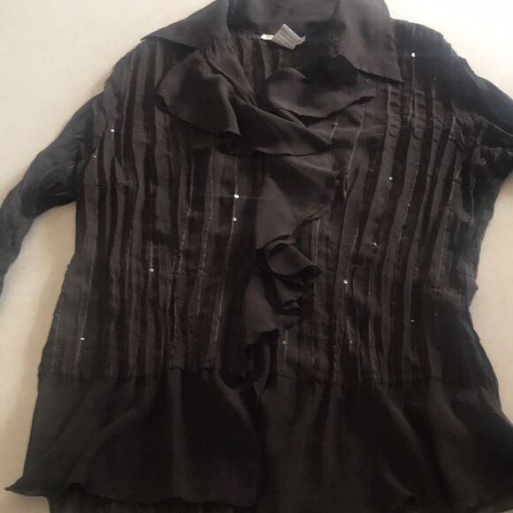 Vintage Notations Brown Ruffle  Sheer Blouse with Sequins Size Small peasant - Picture 4 of 8